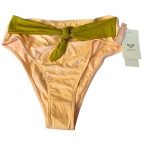 Roxy Bonus Babe High Waist bikini bottoms with olive green front bow size M NWT